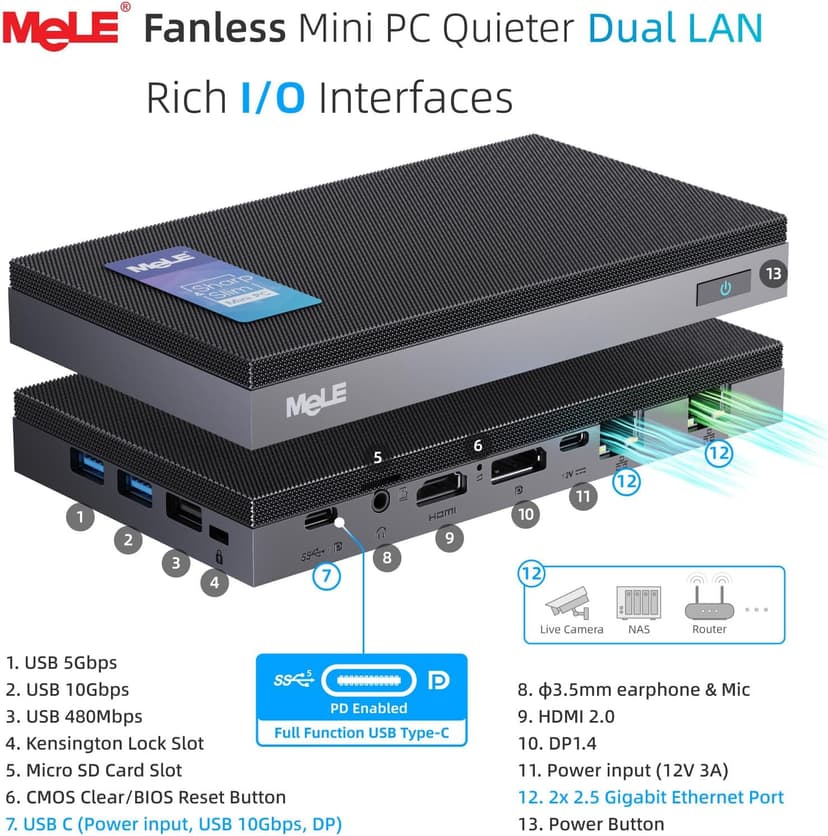 MeLE QuieterDL Mini PC, Dual LAN 2.5G, N100 Fanless Mini Computers, 16GB 4266MHz LPDDR4x, 512GB SSD, Full-Function USB-C,4K Triple Display Desktop PC on Office, Education, Industrial,Astrophotography