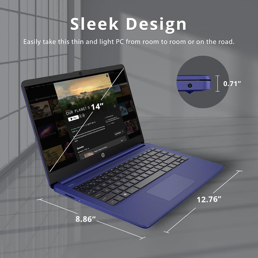 HP Premium Stream 14" HD BrightView Laptop, Intel Celeron N4120, 16GB RAM, 64GB eMMC Storage, HD Webcam, UHD Graphics, 1 Year Office 365, Bluetooth, WiFi, HDMI, Win 11s, Blue, 32GB Hotface USB Card
