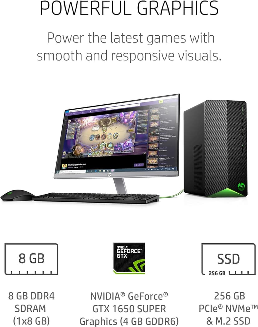 HP Pavilion Gaming Desktop, NVIDIA GeForce GTX 1650 SUPER, Intel Core i3-10100, 8 GB DDR4 RAM, 256 GB PCIe NVMe SSD, Windows 11, USB Mouse and Keyboard, Compact Tower Design (TG01-1022, 2020)