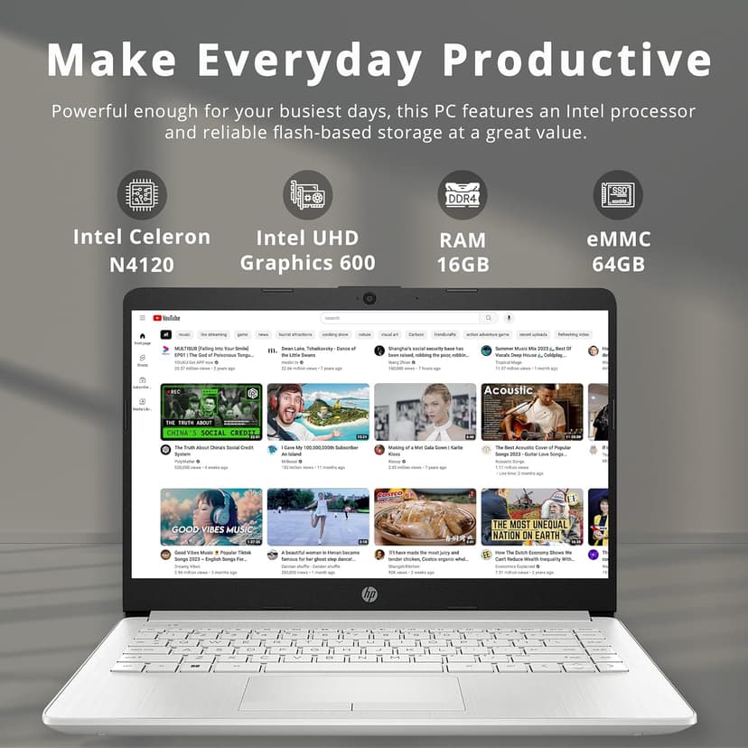 HP Stream 14" HD BrightView Laptop, Intel Celeron N4120 Processor, 16GB RAM, 64GB SSD, Intel UHD Graphics, 720p Webcam, WiFi, HDMI, Win 11 S, Silver (Renewed)