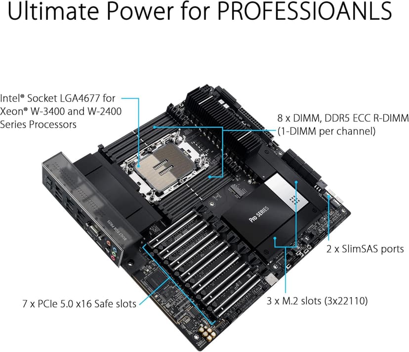 ASUS Pro WS W790 SAGE SE Intel LGA 4677 CEB Motherboard,PCIe 5.0, 7 xPCIe 5.0 x16 Slots,DDR5 R-DIMM, 2x10G BMC LAN, LAN Server-Grade Remote Management,Front and Rear USB 3.2 Gen 2x2 Type-C®,ACCE