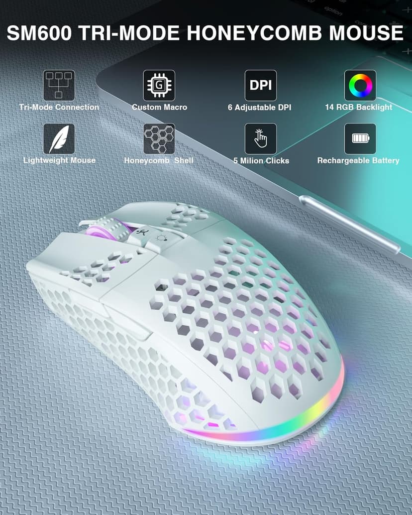 SM600 White Wireless Gaming Mouse,8000 DPI Tri-Modes BT5.1/Type-C Wired/2.4G Wireless Mouse with 2 Side Buttons, Programmable Macro Gamer Mouse with RGB Light for Laptop/PC/Mac