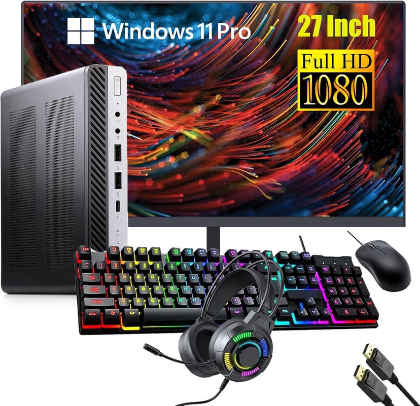 HP EliteDesk 800 G3 Mini Desktop Computer, 27" FHD Monitor, RGB Headset, Core i7-6700 3.4GHz, 16GB DDR4 RAM, 256GB SSD, USB WiFi+BT, Keyboard&Mouse, Windows 11 Pro (Renewed)
