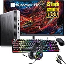 HP EliteDesk 800 G3 Mini Desktop Computer, 27" FHD Monitor, RGB Headset, Core i7-6700 3.4GHz, 16GB DDR4 RAM, 256GB SSD, USB WiFi+BT, Keyboard&Mouse, Windows 11 Pro (Renewed)