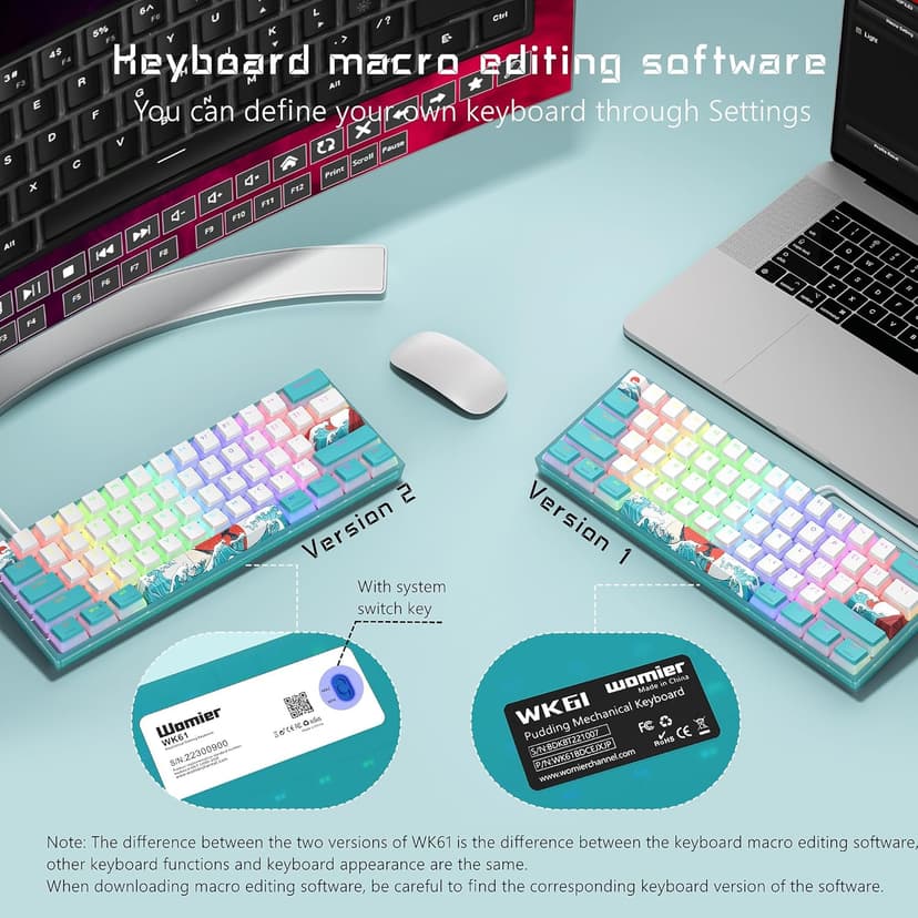 Womier 60% Percent Keyboard,WK61 Mechanical RGB Wired Gaming Keyboard,Hot-Swappable Creamy Key Board with PBT Keycaps,Linear Red Switch for Windows/MAC (Blue)