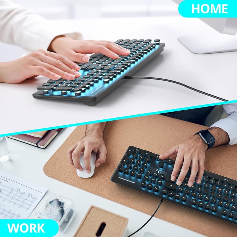 Wired Quiet Membrane Keyboard,Full Size 104-Keys Retro Punk Typewriter Blue LED Backlit ，USB Ultra Slim Gaming Keyboard with ABS Round keycaps for Windows/PC/Laptop (Black)