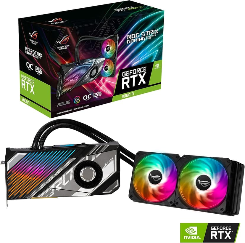 ASUS ROG Strix LC NVIDIA GeForce RTX 3080 Ti OC Edition Gaming Graphics Card (PCIe 4.0, 12GB GDDR6X, HDMI 2.1, DisplayPort 1.4a, Full-Coverage Cold Plate, 240mm Radiator, 600mm tubing, GPU Tweak II)