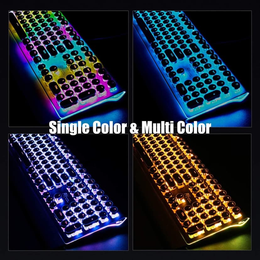 RK ROYAL KLUDGE S108 Typewriter Keyboard, Retro Mechanical Gaming Keyboard Wired 108 Keys with RGB Backlit Sidelight, Detachable Wrist Rest, Round Keycaps Blue Switches - Black