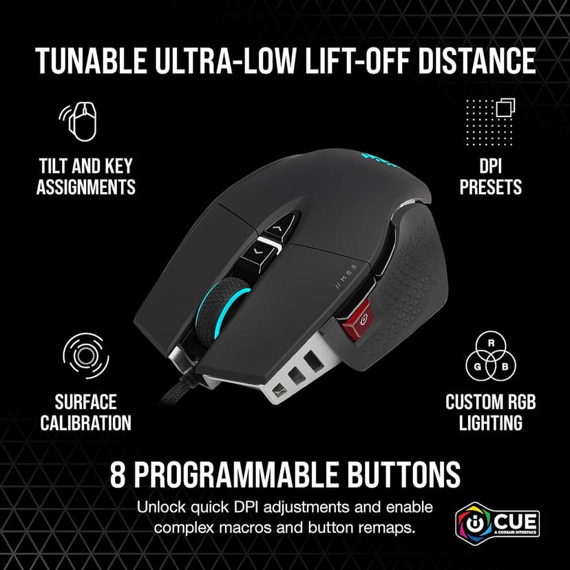 Corsair M65 RGB Ultra Tunable FPS Gaming Mouse Marksman 26,000 DPI Optical Sensor, Optical Switches, AXON Hyper-Processing Technology, Sensor Fusion Control, Tunable Weight System - Black
