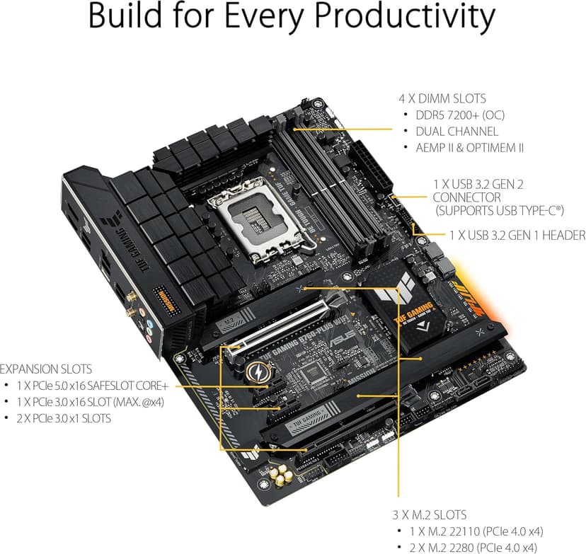 ASUS TUF GAMING B760-PLUS WIFI Intel B760 LGA 1700 ATX motherboard, Ready for 14th, 13th & 12th Gen Intel® Core CPU, 12+1+1 Stages, PCIe 5.0, 3x M.2, DDR5, 2.5G, USB 3.2 Type-C®, Thunderbolt 4™, USB4®