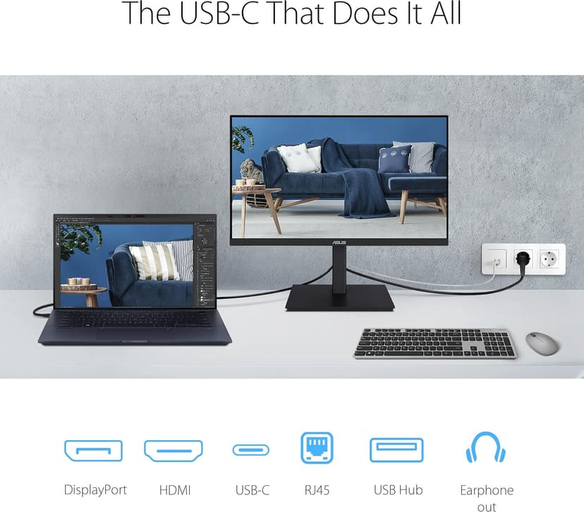ASUS 23.8” 1080P Docking Monitor (VA24ECPSN) - Full HD, IPS, 75Hz, Adaptive-Sync, Speakers, Eye Care, Low Blue Light, Flicker Free, USB-C, RJ45, HDMI, Frameless, Height Adjustment, VESA Wall Mountable
