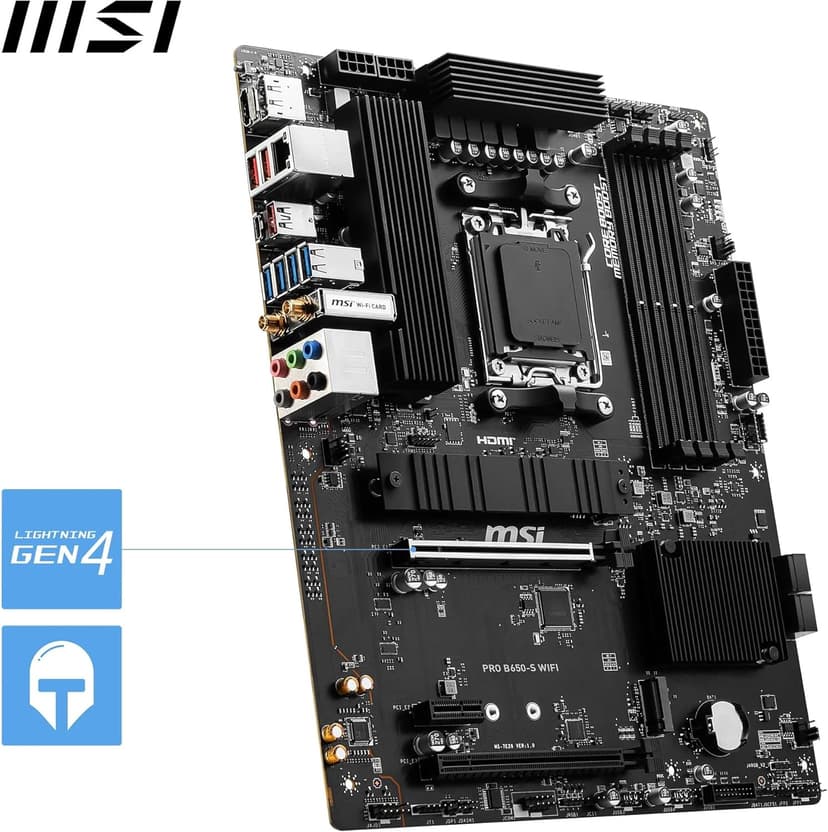 msi PRO B650-S WiFi V1 Motherboard, ATX - Supports AMD Ryzen 9000/8000 / 7000 Series Processors, AM5 - DDR5 Memory Boost 6000+MHz/OC, 2 x PCIe 4.0 x16, 2 x M.2 Gen4, Wi-Fi 6E