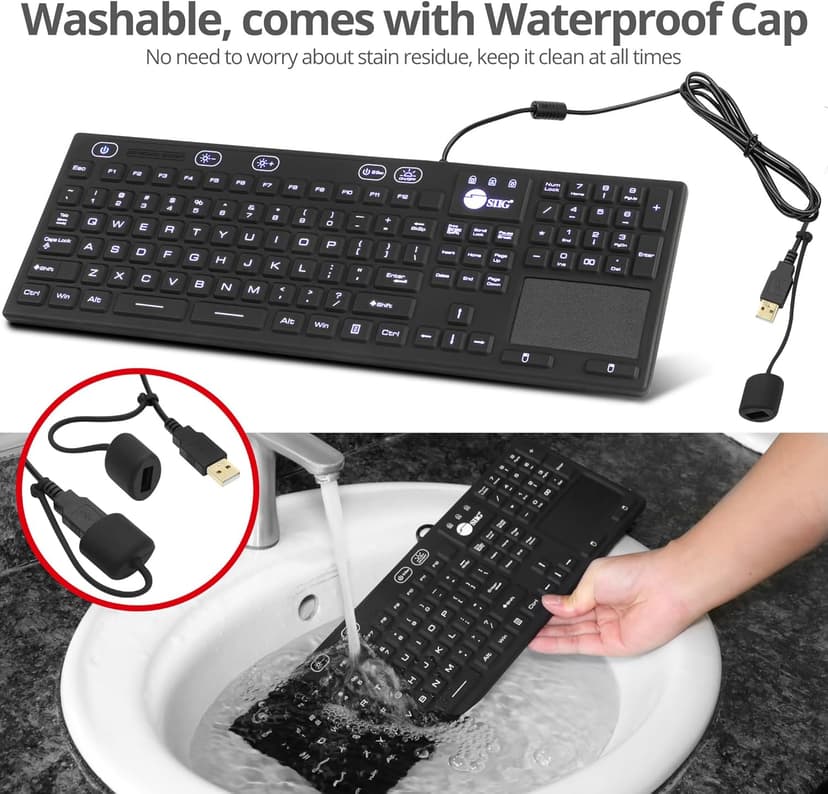 SIIG Wired Silicone Washable USB-A Keyboard with Touchpad, 110-key Layout, Industrial & Medical Grade, Dustproof, IP68 Compliant, 5 Levels Brightness, Silent & Quiet, Windows, Mac (JK-US0W11-S1)