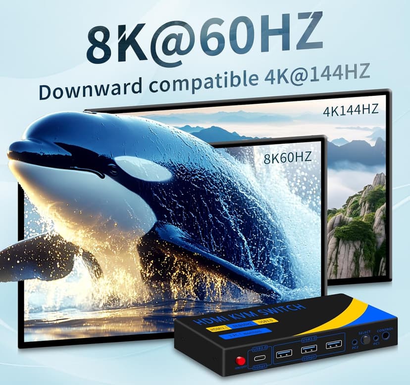 kvm Switch hdmi 8K@60HZ, 4* USB3.0(USB-A*3&USB-C) kvm Switch 1 Monitors 2 Computers,HDMI USB kvm Switches 2 Computers 1 Monitor,USB Switch 2 Computers Mouse Keyboard Switch,with Desktop Controller