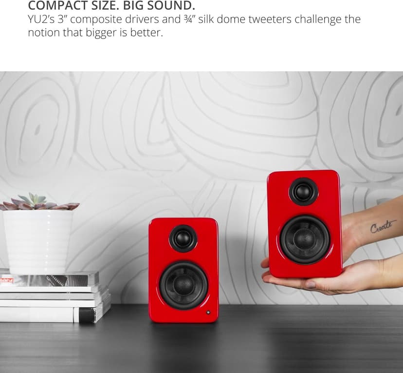 Kanto YU2GR PC Gaming Desktop Speakers | 3" Composite Drivers | 3/4" Silk Dome Tweeter | Class D Amplifier | 100 Watts | Built-in USB DAC | Subwoofer Output | Pair | Gloss Red