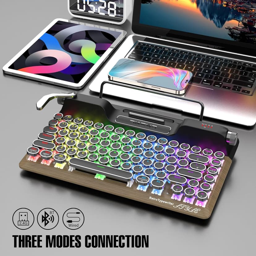 7KEYS Retro Typewriter Mechanical Gaming Keyboard, Vintage Style Computer Keyboard with Round Keycaps, Wireless Bluetooth5.0 and Wired/2.4G, True RGB Backlight, Compatible with PC/Laptop/Tablet/Phone