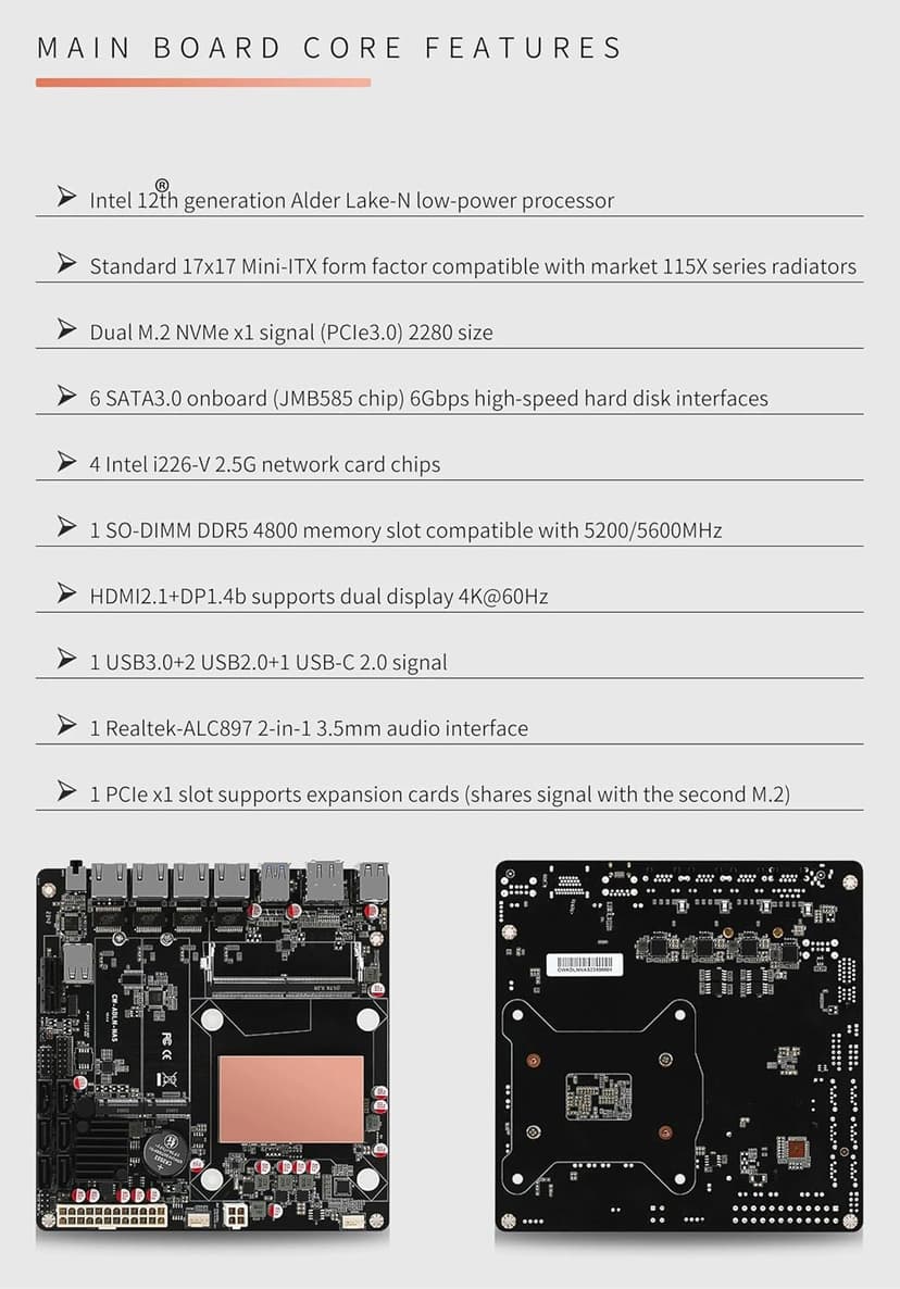 I3-N305 Industrial Motherboard NAS 8 Cores 8 Threads Low Power Processor 4x2.5G i226 Network M.2 Slot 6xSATA DP HDMI 2.0 PCIE ×1