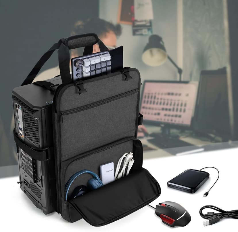 Trunab PC Tower Carrying Strap with Handle, Desktop Carrying Case with Pockets for Keyboard, Cable and Computer Accessories, Ideal for Transporting On The Go (Patented Design)