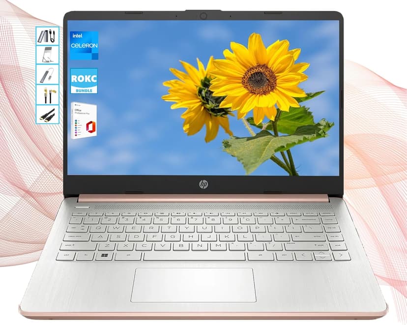 HP AI-Powered 14" HD Laptop with Microsoft Office and 1TB Cloud Storage Included for 1-Year| 16GB RAM|128GB SSD & 128GB Portable SSD| Intel 4-Core CPU| Webcam| Ultra Light|Win 11| RK Bundle| Rose Gold