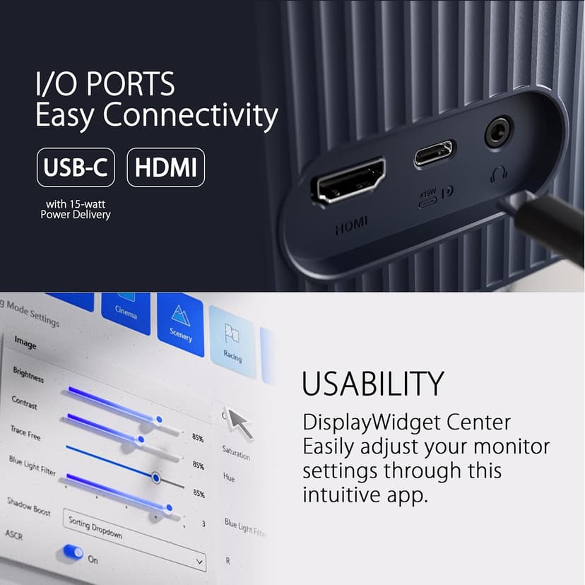 ASUS 27” 1080P Eye Care Monitor (VU279CFE-B) - Full HD, IPS, 100Hz, Adaptive-Sync, USB-C, Ambient Light Sensor, Height Adjustable, Cable Clip, EyeCare+ Technology, 3 Year Warranty, Quiet Blue Color