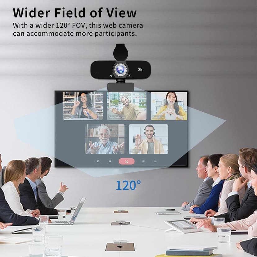 Webcam for PC, 2K Webcam with Noise-Canceling Mic, Tripod, Privacy Cover, 120°FOV, Auto Focus/Light Correction/Selfie Beauty, USB Web Camera for Streaming/Meeting/Video/Zoom/Broadcast/YouTube