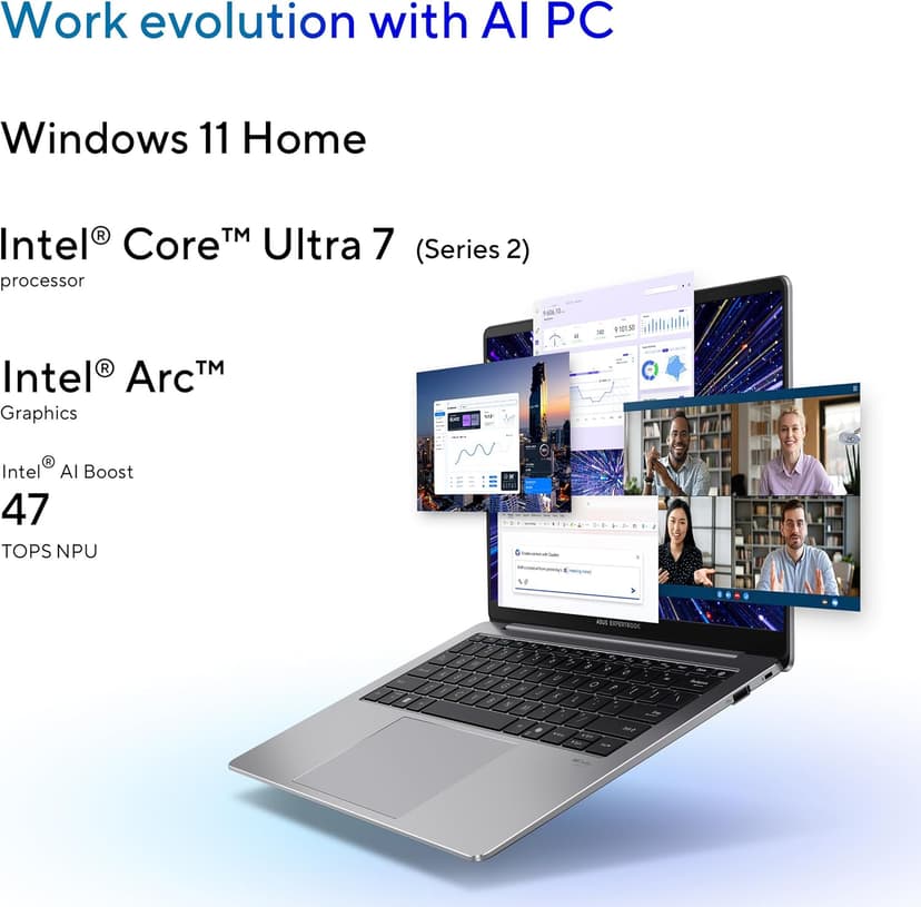 ASUS ExpertBook P5 Copilot+ PC AI Laptop, Intel® Core™ 7 Processor 258V, 32GB RAM, 1TB SSD, WiFi 6E, Windows 11 Home, Misty Grey, P5405CSA-DH76