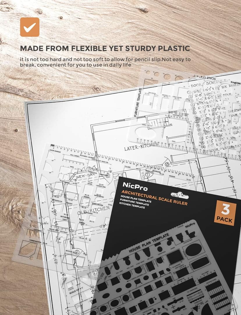 Nicpro Architectural Drafting Tools, 3 PCS Templates for House Plan Furniture Kitchen, Building, Interior Design CAD Drawing, Geometry Measuring Template Ruler Supplies