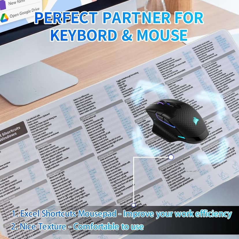 Excel Shortcut Desk Pad, Excel Shortcut Keys Mouse Pad for Windows, Extended Large Cheat Sheet Gaming Desk Mat, PC Office Spreadsheet Keyboard Gift (Windows,80X40 CM)