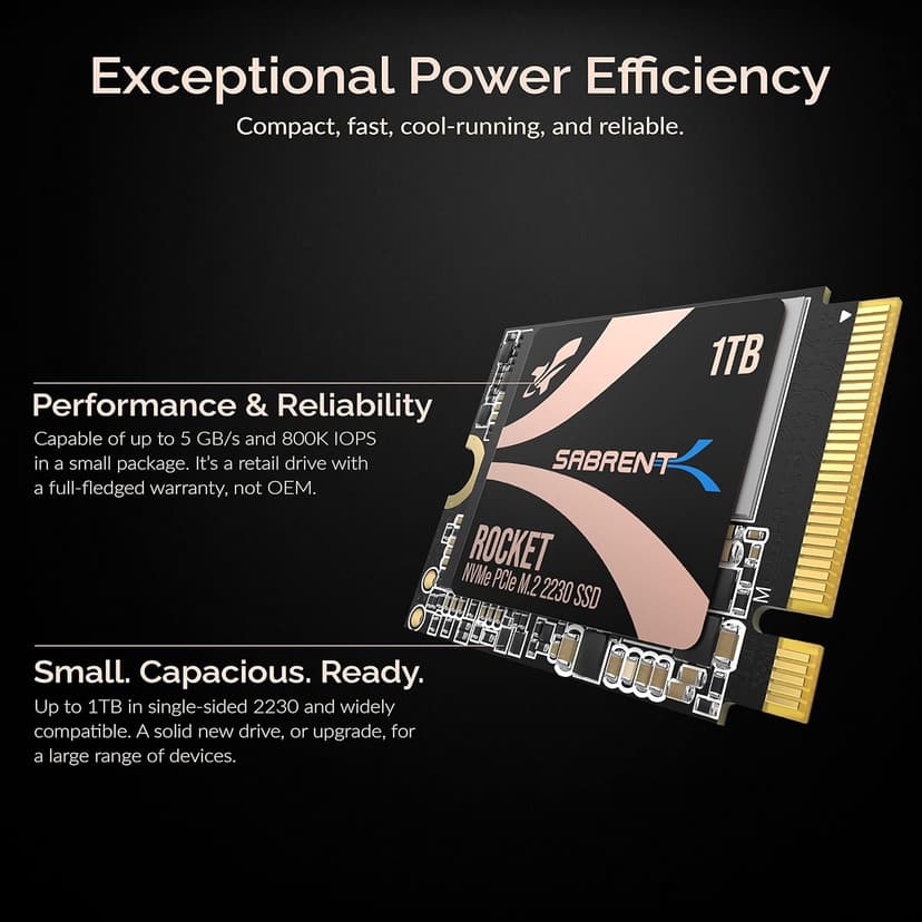 SABRENT Rocket 2230 1TB NVMe SSD – PCIe Gen4 M.2 2230 Internal SSD for Steam Deck, Surface Pro, Ultrabook, HTPC – DRAM-Less with HMB, Up to 5GB/s [SB-2130-1TB]