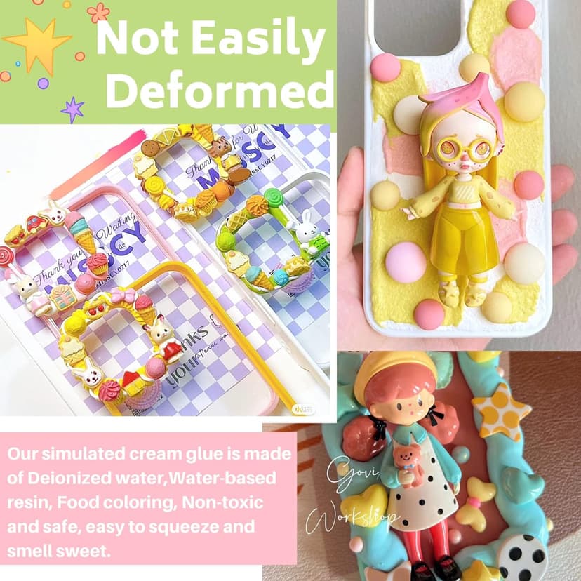 ASTRYAS Decoden Fake Cream Glue, 9 PCS Simulation Whipped Cream Clay Glue DIY Phone Case Kit Silicone Cream Adhesive Set with Plastic Decorating Mouth for Phone Handmade Craft,Crystal