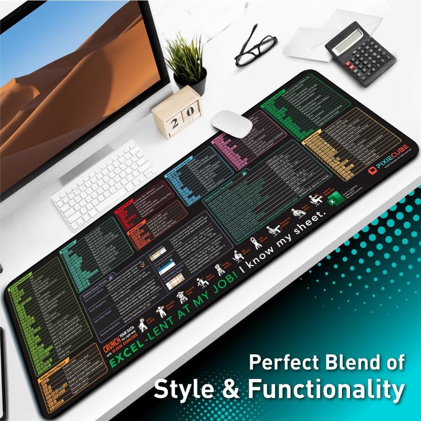Pixiecube Excel Shortcut Keys Mouse Pad - Extended Large XL Cheat Sheet Gaming Mousepad | PC Office Spreadsheet Keyboard Mat | Non-Slip Stitched Edge