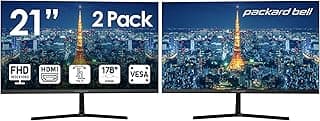 Packard Bell airFrame 21" FHD Monitor, 1920x1080, Ultrawide, VESA Mount, Tilt Adjust, HDMI/VGA, Slim Bezel, for Home, Office, and Light Gaming - 2 Pack