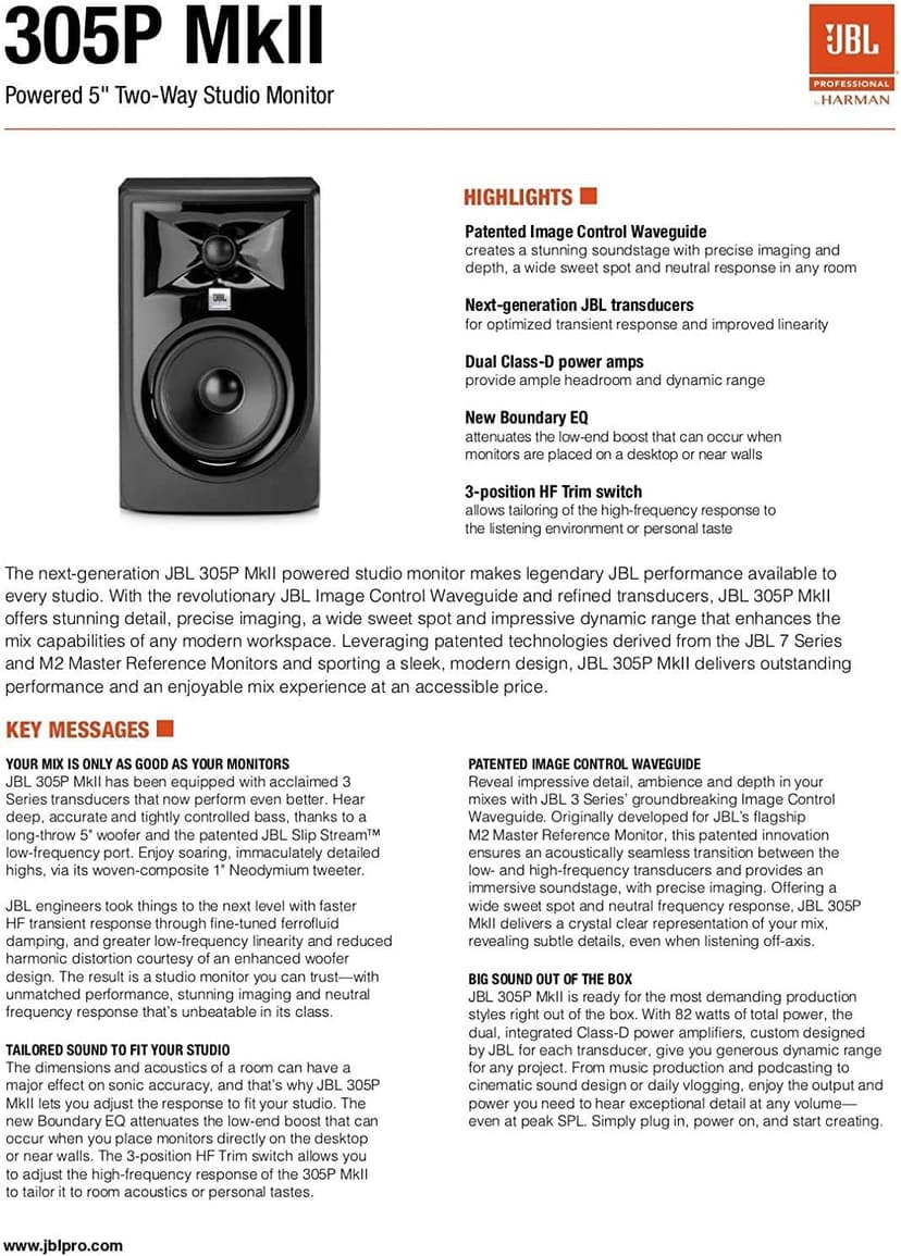 JBL Professional 305P MkII 5-Inch 2-Way Powered, Active Monitor Speakers for Near Field Music Production, Studio Monitor, Desktop Computer, Hi-Fi Audio. Sold as Pair, Black