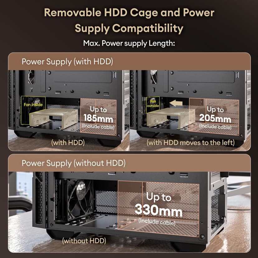 Genuine Walnut Wood Micro ATX Case, MATX PC Case with 4 × 120mm 3 Pin Non-PWM Case Fans Pre-Installed, Temper Glass Side Panel, with Type-C, Black, Cypress 3 Wood