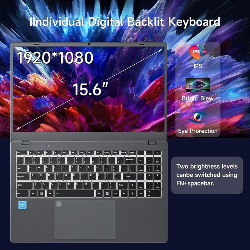 Windows11 Intel Laptop 15.6”HD Display（Celeron N5095）16GB RAM 256GB SSD Storage，With Free Office 2024 | Fingerprint Unlock | Privacy Camera | Backlit Keyboard，Suitable for Student and Business