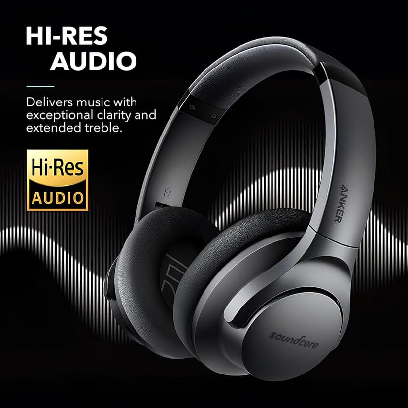 Soundcore Anker Life Q20 Hybrid Active Noise Cancelling Headphones, Wireless Over Ear Bluetooth Headphones, 70H Playtime, Hi-Res Audio, Deep Bass, Memory Foam Ear Cups, Travel, Office, USB-C Charging