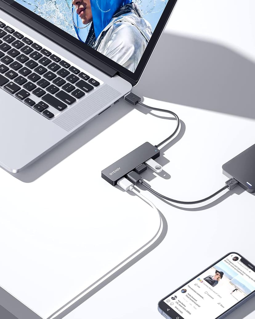 BYEASY USB Hub, Multiple USB 3.0 Hub, USBA Splitter for Laptop with Type C Power Port, Extender for Mouse, Keyboard, Flash Drive, U Disk, Printer Compatible with A Port Laptop, PC, Desktop and More
