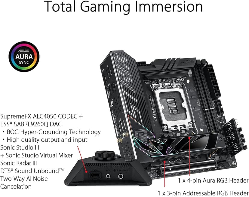 ASUS ROG Strix Z790-I Gaming WiFi Intel® Z790 LGA 1700 Mini-ITX motherboard, 10 + 1 power stages, DDR5, two M.2 slots, PCIe® 5.0, WiFi 6E, Thunderbolt™ 4, and USB 3.2 Gen 2x2 Type-C®