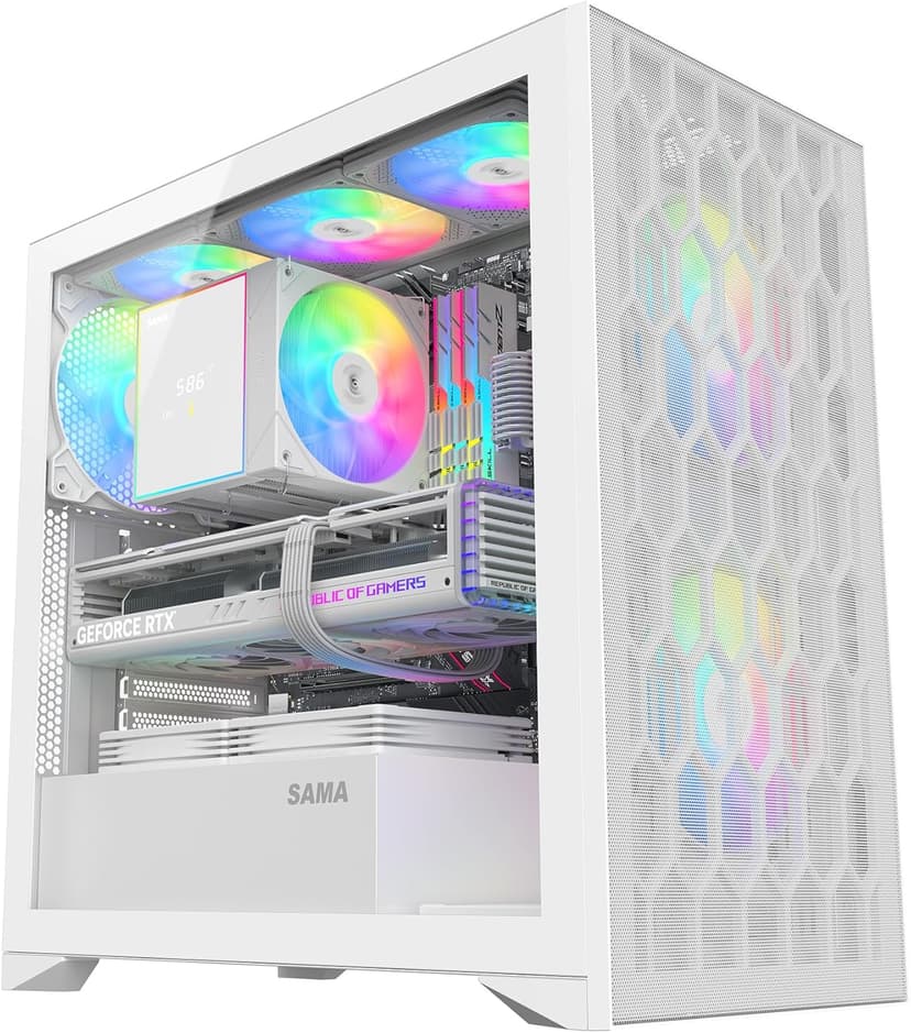 SAMA V Mesh Mid Tower PC Case - High Airflow PC Gaming Case Mesh Front Panel & Tempered Glass Side Panel, 3x140mm ARGB PWM Fans Pre-Installed, Supports ATX/M-ATX/ITX - White