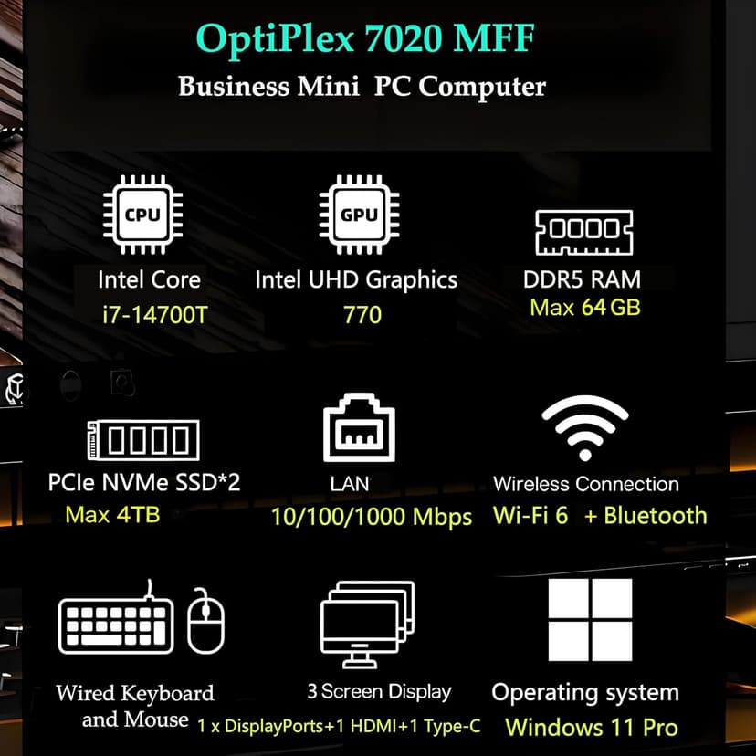 Dell OptiPlex 7020 MFF 7000 Micro Form Factor Mini Business Desktop Computer, 14th Gen Intel 20-Core i7-14700T up to 5.2GHz, 32GB DDR5 RAM, 1TB PCIe SSD, WiFi 6, DisplayPort, HDMI, Windows 11 Pro