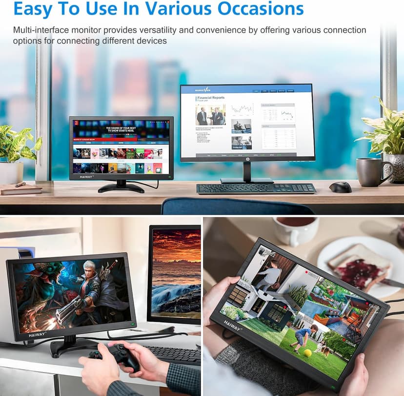 15.6 Inch Small HDMI Monitor, 1366x768 Resolution Security CCTV Monitor with HDMI BNC VGA AV USB Ports, Built-in Speakers LED Monitors for PC, Laptop and Computer for Home Office Warehouse