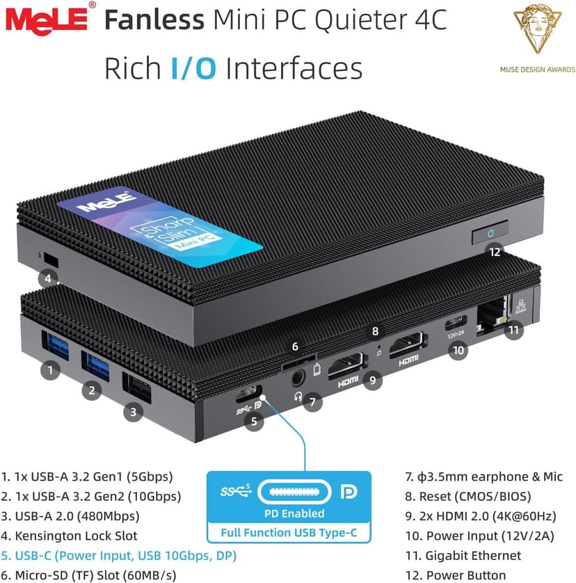 MeLE Mini PC Quieter 4C - 12th Gen N100, Fanless PC, 16GB Memory, 512GB Storage,with Windows 11 Pro, 2.4/5G Wi-Fi, Full-Functional USB-C, 4K Triple Display Desktop