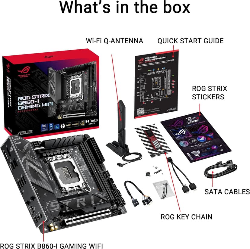 ASUS ROG STRIX B860-I GAMING WIFI B860 LGA 1851 mITX Mini-ITX motherboard, Intel® Core™ Ultra Series 2 Ready, Advanced AI ready, 10+1+2+1 stage, DDR5, 2.5G LAN, WiFi7, M.2, Thunderbolt™ 4, USB Type-C®