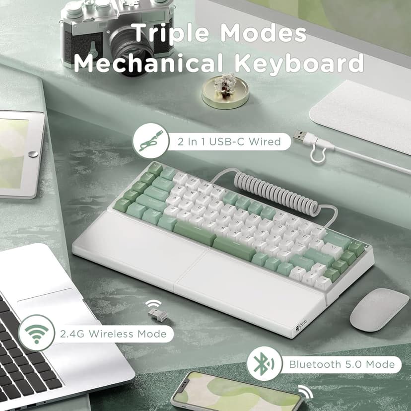 RK ROYAL KLUDGE RKS70 Ergonomic Split Mechanical Keyboard, Wireless Bluetooth/2.4G/Wired Keyboard with Wrist Rest, 75% RGB PC Gaming Keyboards for Win/Mac, Hot Swappable Silver Grey Switches, White