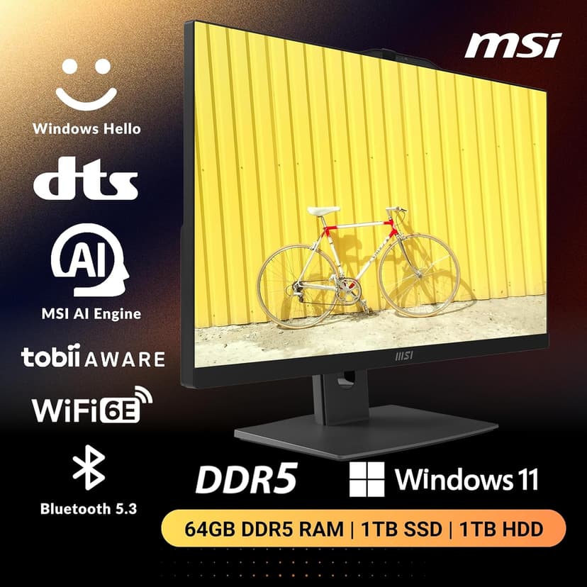 MSI Modern All-in-One, 23.8" FHD Touchscreen, Intel Core 7 150U(>i7-1335U, 5.40 GHz), Prebuilt PC, 1080p IR Webcam, WiFi 6E, Keyboard&Mouse, Windows 11 Home, Black(64GB DDR5 RAM | 1TB SSD | 1TB HDD)