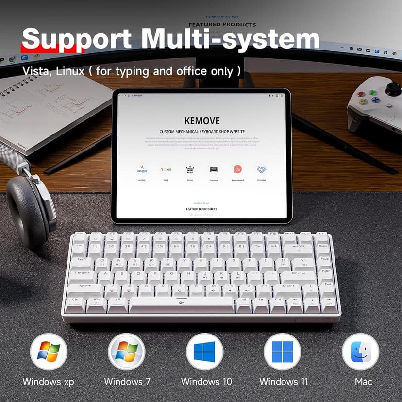 TMKB T84SE Gaming Keyboard, 75% Mechanical Gaming Keyboard with Linear Red Switch, Ice Blue LED Backlit, Detachable USB-C, Full Anti-Ghosting for Gaming/Typing/PC/Laptop/Win/Mac, US Layout, White