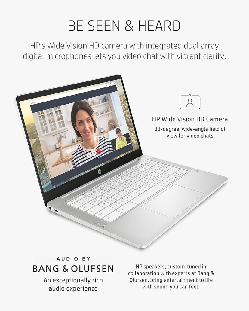 HP Chromebook 14 Laptop, Intel Celeron N4000 Processor, 4 GB RAM, 32 GB eMMC, 14” HD Display, Chrome, Lightweight Computer with Webcam and Dual Mics, Home, School, Music, Movies (14a-na0021nr, 2021)