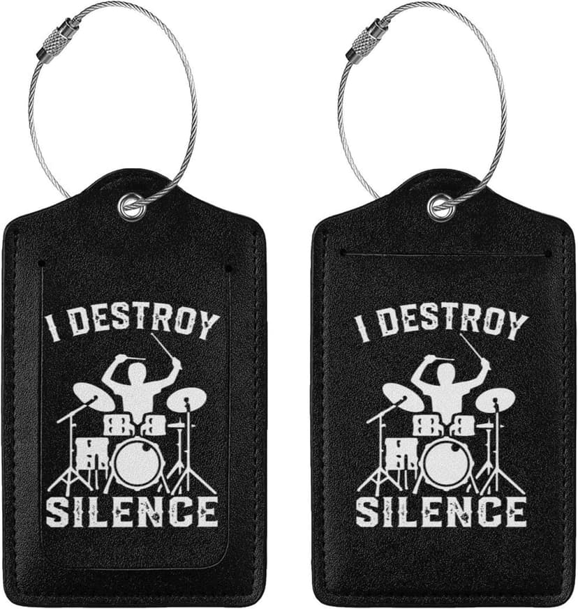 I Destroy Silence Drums Suitcase Tags with Name Id Labels Stainless Steel Loop Luggage Tag, for Suitcase Travel Bag 4 PCS