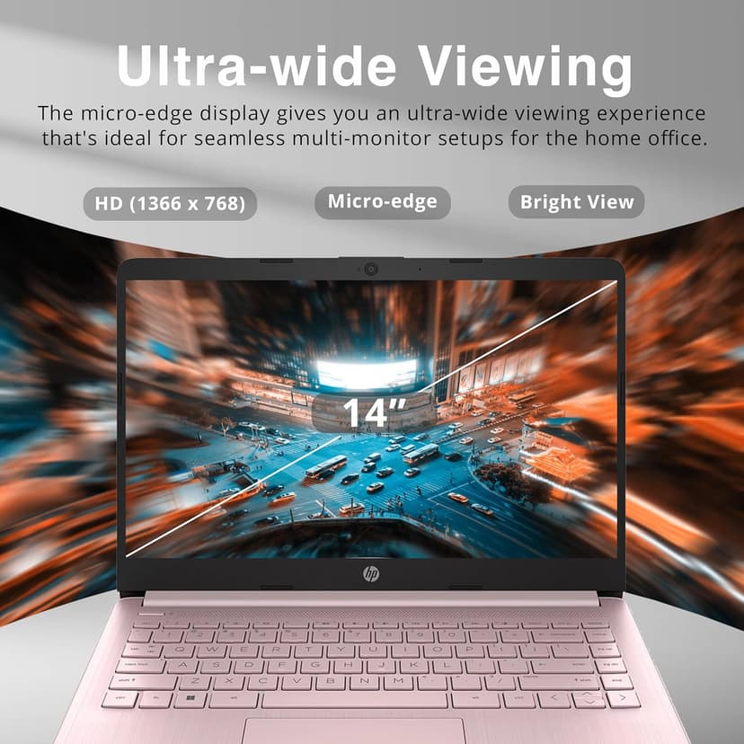 HP Stream 14" HD BrightView Laptop, Intel Celeron N4120 Processor, 4GB RAM, 64GB Storage, Intel HD Graphics, 720p Webcam, 1 Year Office 365, Pink, Win 11 S, 32GB Hotface USB Card