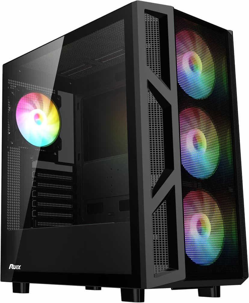 RUIX CV103 ATX Mid-Tower PC Case, Pre-Installed 4 x 120mm RGB Fans, RGB Color Lighting, Tempered Glass, USB 3.0, Gaming Computer Case, High-Airflow - Black